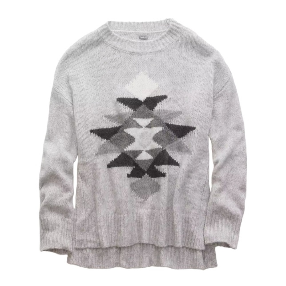 Aerie Aztec Oversized Wool Blend Chunky Knit Crew Neck Side Slit Sweater